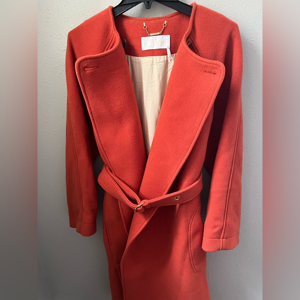 Chloé Iconic Wool Blend Belted Coat In Chestnut Orange Size 36 New - Picture 4 of 16